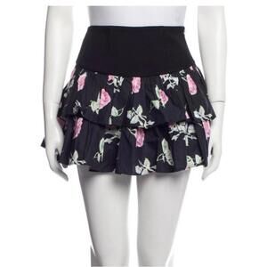 LoveShackFancy Black Floral Tiered Rose Mini Skirt